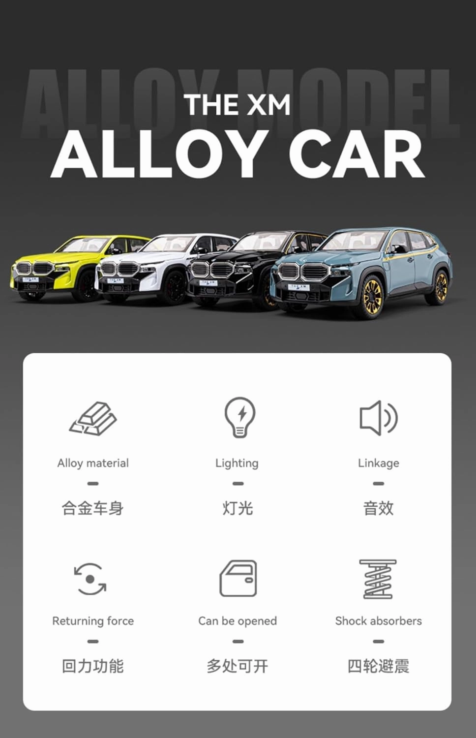 Die Casting 1:24 for BMW XM X5 SUV Series Alloy Simulation Car Model Sound and Light Pull-Back Miniature Model Collection Ornaments Presents(XM Black)