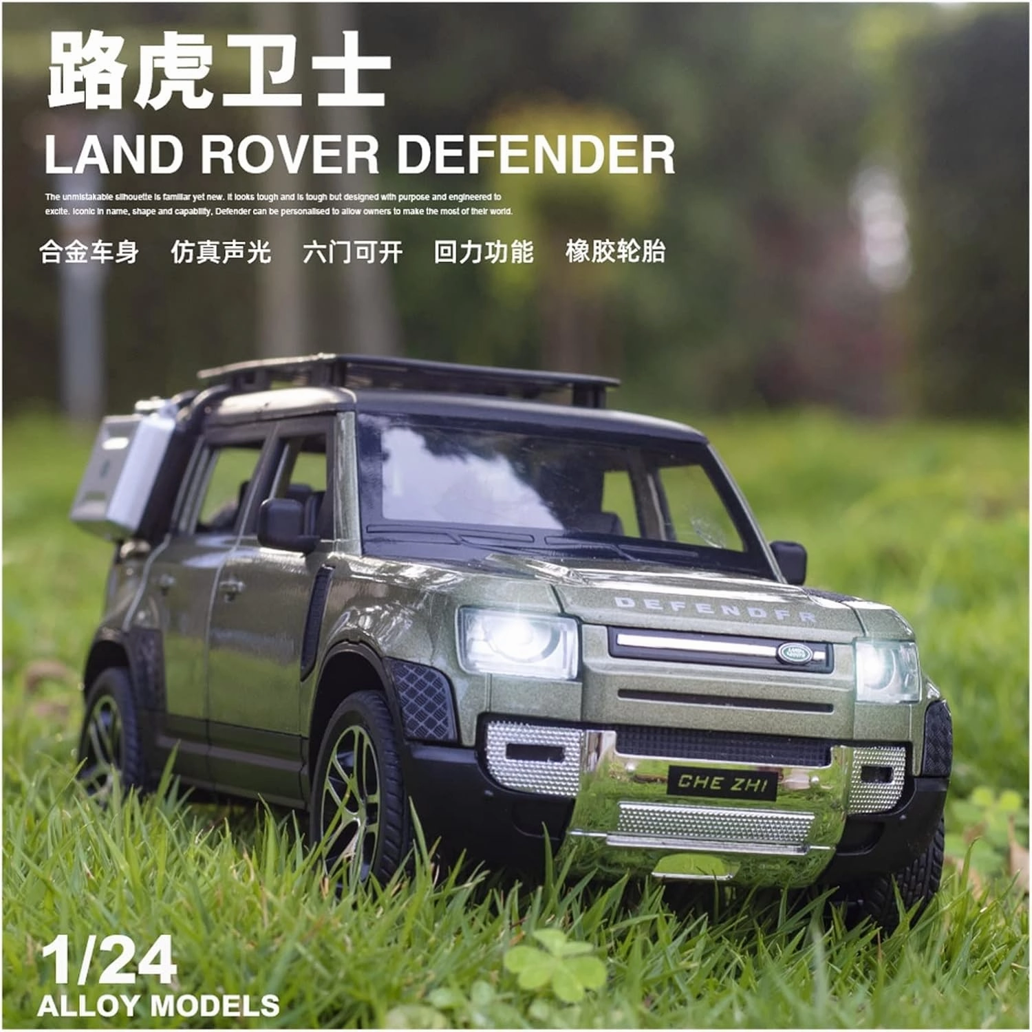 Die Casting 1:24 for Land Rover Defender Classic SUV Car Alloy Car Model Simulation Sound and Light Pull-Back Car Model Collection Presents(Silver)