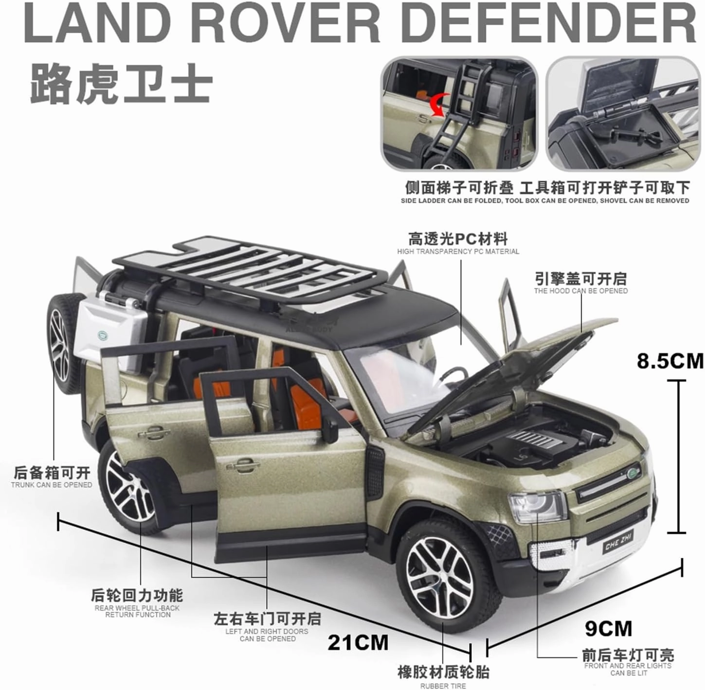 Die Casting 1:24 for Land Rover Defender Classic SUV Car Alloy Car Model Simulation Sound and Light Pull-Back Car Model Collection Presents(Silver)
