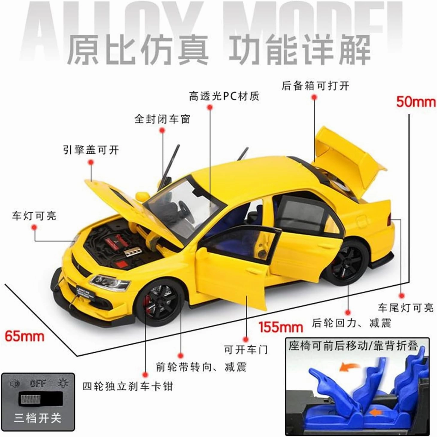 Die Casting 1:32 for Mitsubishi EVO 3th Alloy Car Model Simulation Sound and Light Miniature Vehicle Model Ornaments Collection Series Presents(Black-red)