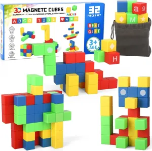 Dilabnba 32PCS Magnetic Building Blocks for Kids Ages 3-5 4-8, 3D Magnet Cube Montessori Toy, Sensory Preschool Creative STEM Montessori Toy