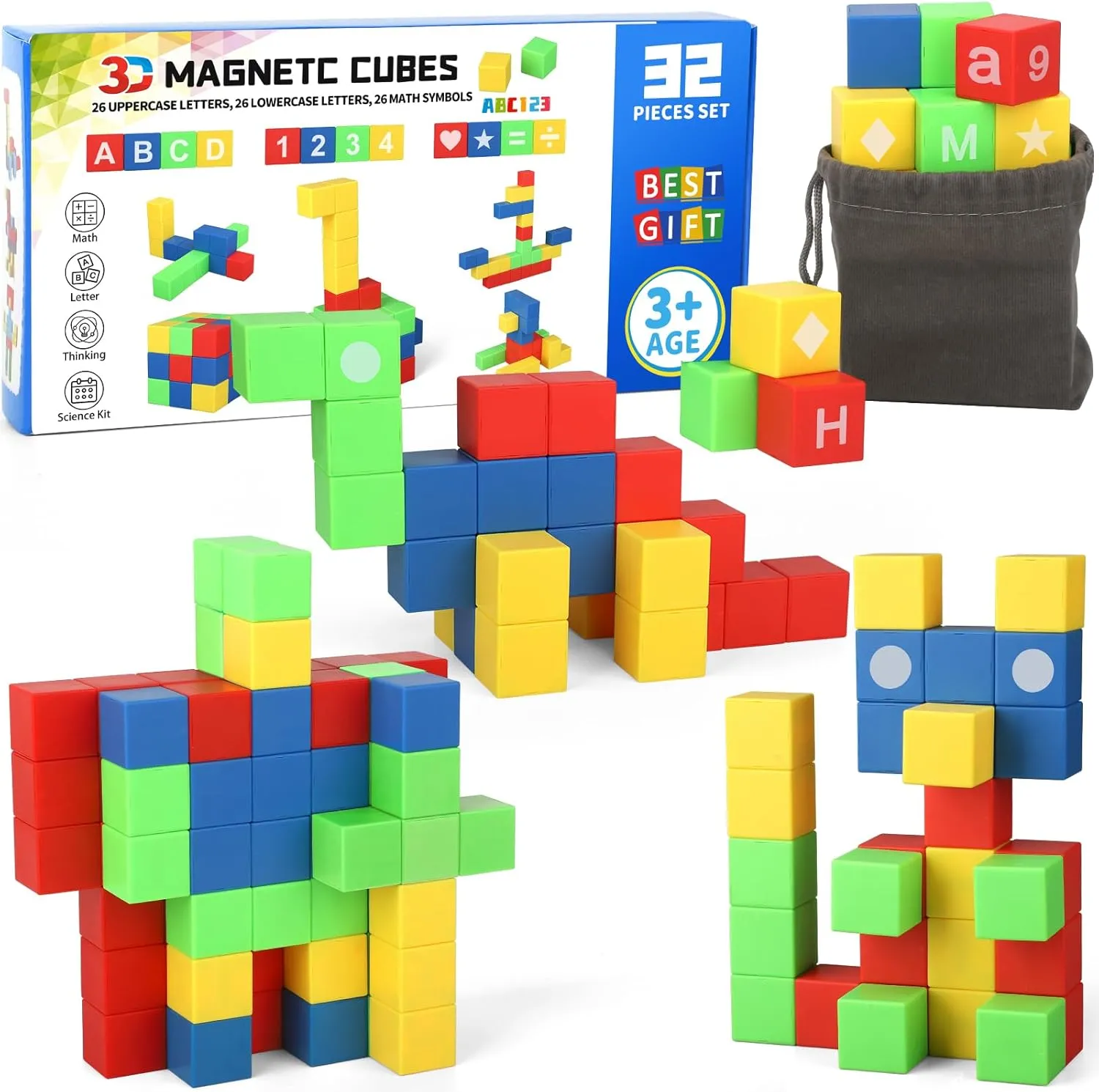 Dilabnba 32PCS Magnetic Building Blocks for Kids Ages 3-5 4-8, 3D Magnet Cube Montessori Toy, Sensory Preschool Creative STEM Montessori Toy
