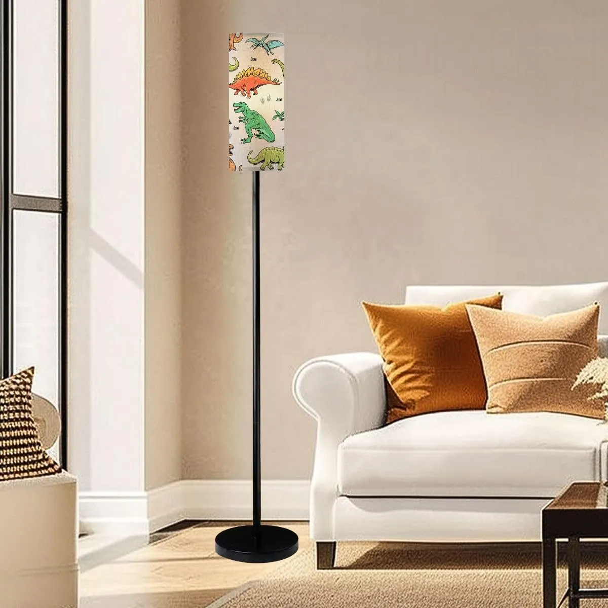 Dinosaur Seamless Pattern Hand Drawn Dinosaurs View Pattern Modern Floor Lamp Minimalist Standing Lamps for Living Room LED Corner Lamp Remote Control Metal Pole Lamp for Bedroom, Reading