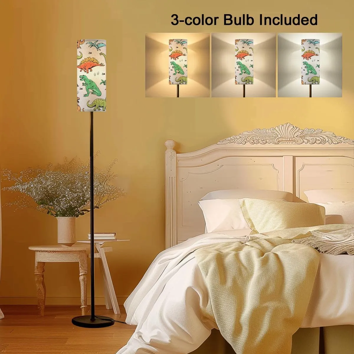 Dinosaur Seamless Pattern Hand Drawn Dinosaurs View Pattern Modern Floor Lamp Minimalist Standing Lamps for Living Room LED Corner Lamp Remote Control Metal Pole Lamp for Bedroom, Reading
