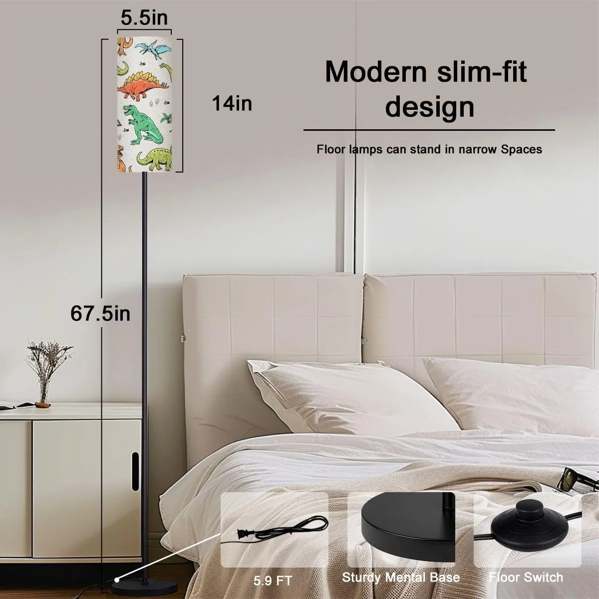 Dinosaur Seamless Pattern Hand Drawn Dinosaurs View Pattern Modern Floor Lamp Minimalist Standing Lamps for Living Room LED Corner Lamp Remote Control Metal Pole Lamp for Bedroom, Reading