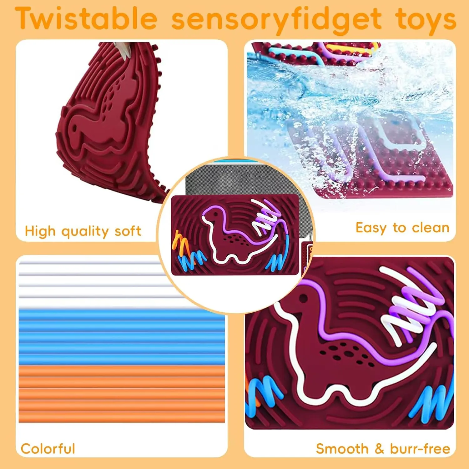 Dinosaur Sensory Activity Board,Silicone Dinosaur Fidget Toy for Kids Adult Duble Sided with 2 Portable Travel Bag 20 Strings for Fine Motor Skill, Stress Relief, Calming, Focus, ADHD and Autism