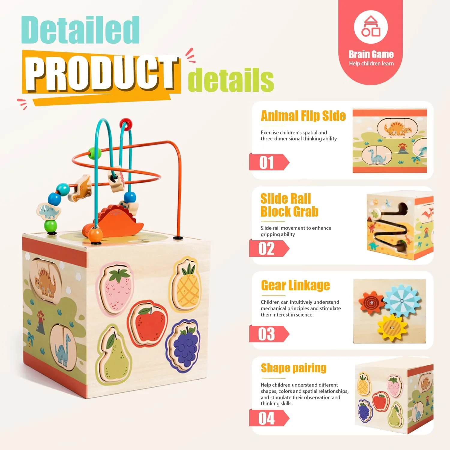 Dinosaur Theme 5-in-1 Wooden Montessori Activity Cube for 1 Year Old Kids