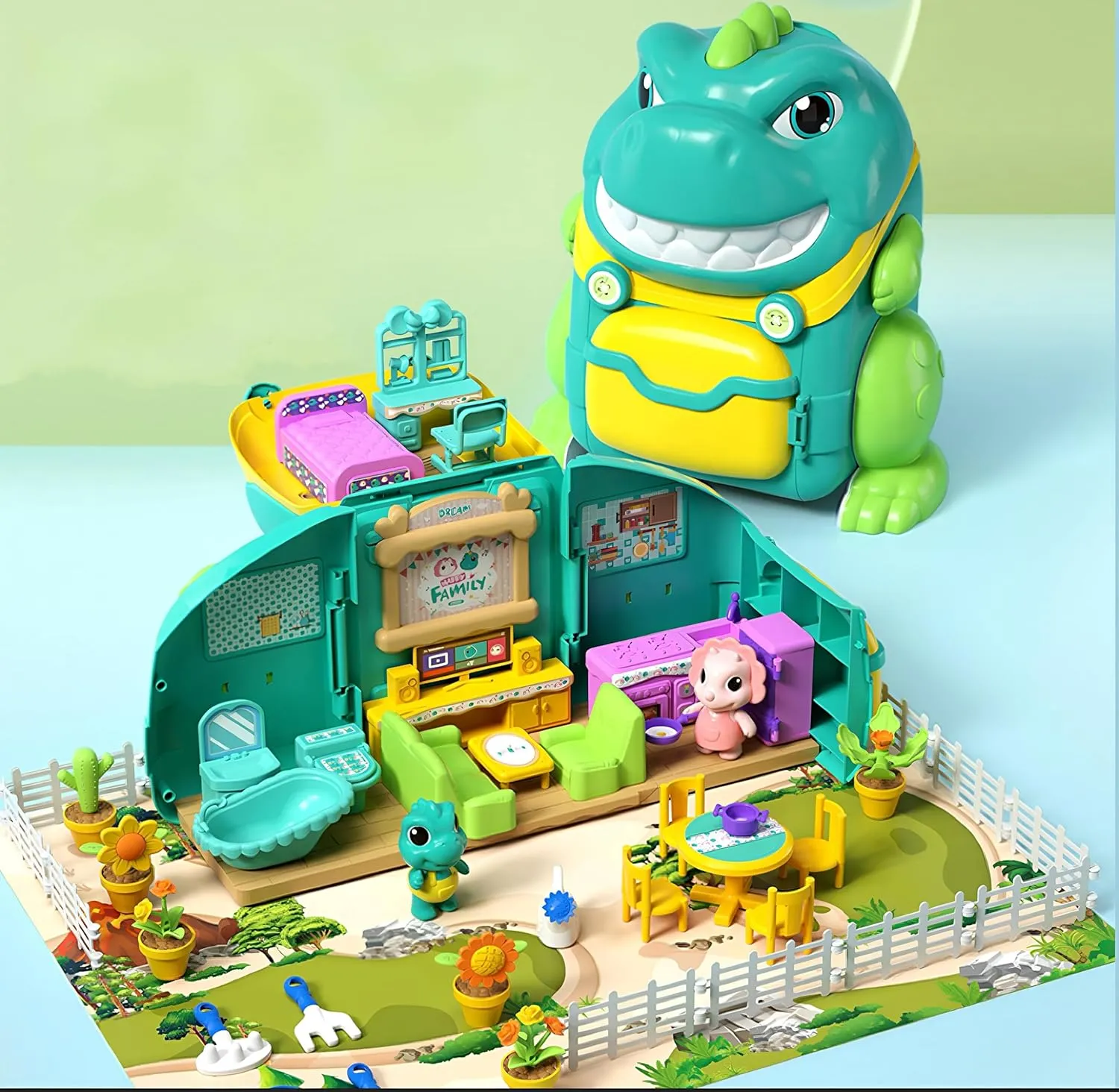 Dinosaur Themed Scene Simulation Compact Playset Toy Set, Equipped with Lighting and Sound Effects, Home AZccessories, 2Image Dolls, Stickers and Instructions, and Travel Toy Toys for Children