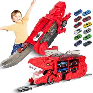 Dinosaur Transporter Truck Toy for 3 4 5 6 Years Old Boys, 12 pcs Die-Cast Cars Dinosaur Race Track Set, Transform into Dino, Toddlers Kids Car Toys, Christmas Toys Gifts for Kids Ages 2 3 4 5 6-Red