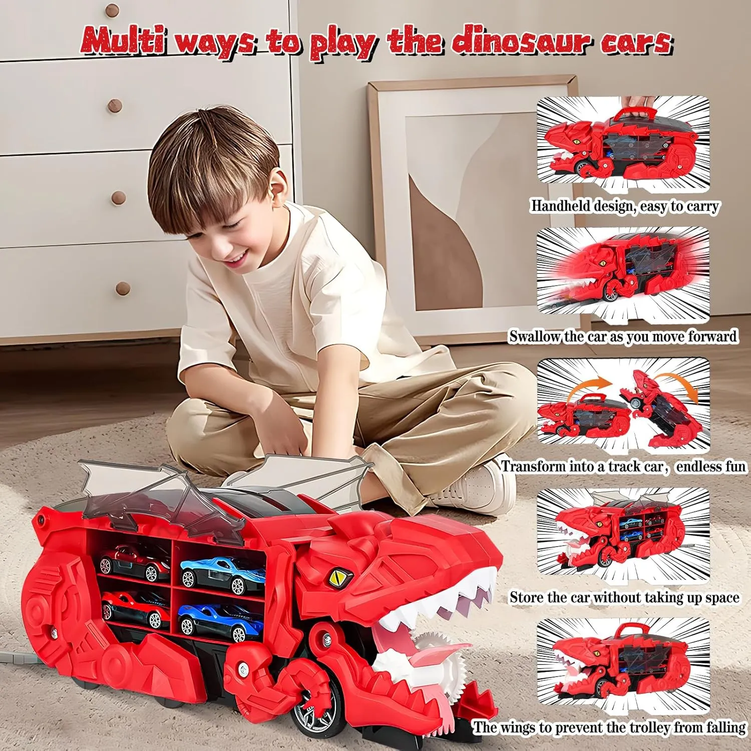 Dinosaur Transporter Truck Toy for 3 4 5 6 Years Old Boys, 12 pcs Die-Cast Cars Dinosaur Race Track Set, Transform into Dino, Toddlers Kids Car Toys, Christmas Toys Gifts for Kids Ages 2 3 4 5 6-Red