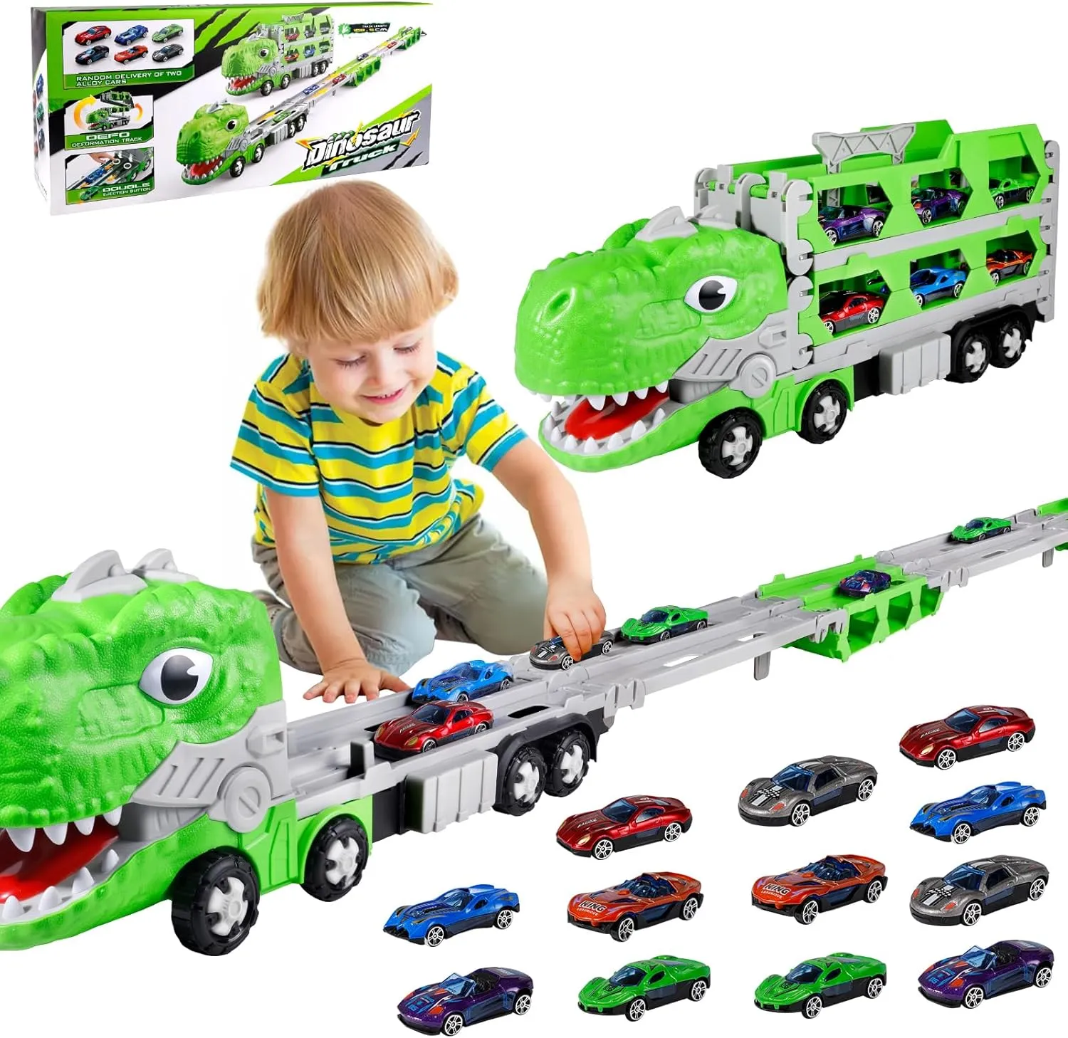 Dinosaur Truck Toys, Dinosaur Toys for Kids Age 3 , 5.5-FT Foldable 3-Layer Transport Truck Toy and 12 Race Cars Sets, Portable Dinosaur Transport Truck, Birthday Gifts for Boys and Girls