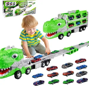 Dinosaur Truck Toys, Dinosaur Toys for Kids Age 3 , 5.5-FT Foldable 3-Layer Transport Truck Toy and 12 Race Cars Sets, Portable Dinosaur Transport Truck, Birthday Gifts for Boys and Girls