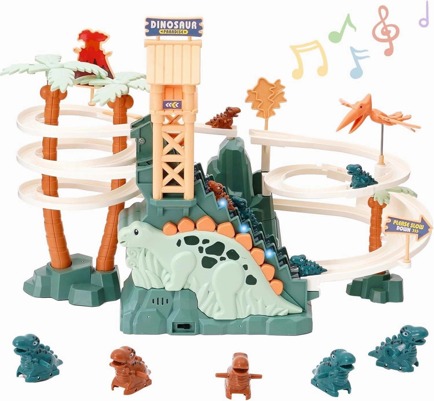 Dinosaur Chasing Race Track Game Set Double Loop Track Slide Toy Climb Stairs Toy Roller Coaster Toys with Music Educational Puzzle Playsets Gift for Toddler Kids Boys Girls Age 3 