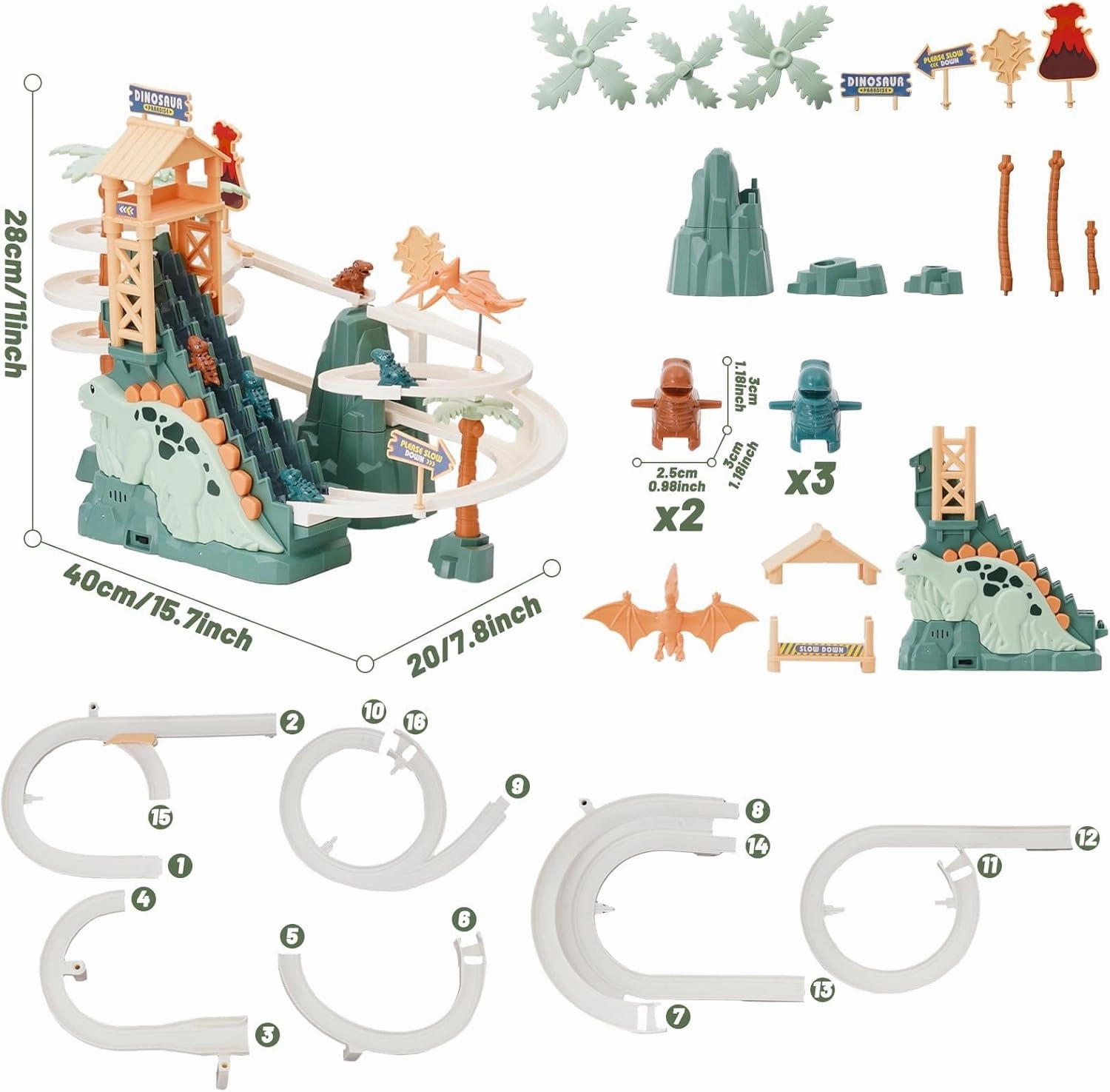 Dinosaur Chasing Race Track Game Set Double Loop Track Slide Toy Climb Stairs Toy Roller Coaster Toys with Music Educational Puzzle Playsets Gift for Toddler Kids Boys Girls Age 3 
