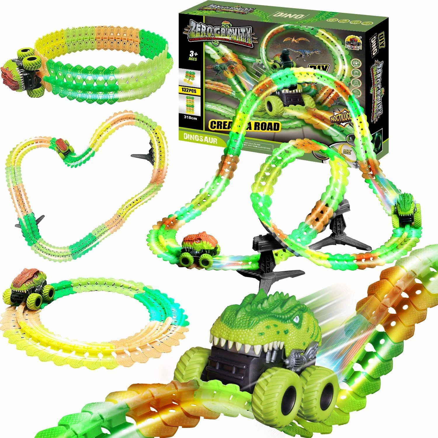 Dinosaur Race Car Tracks Toys Set for Kids Boys Girls Ages 3 4 5 6  Electric Dinosaur Turkc Cars with Strong Suction Cup,Steady Tripod 130  Pcs Train Car Tracks Birthday Gift Christmas
