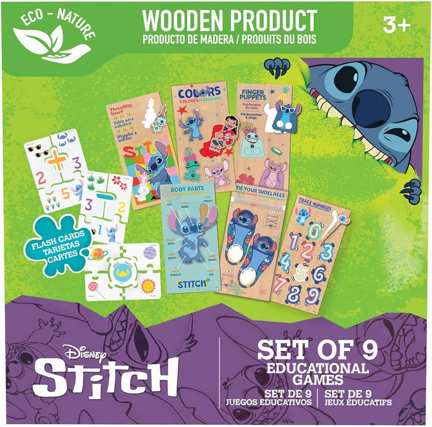 Disney: Stitch Educational Games - Set of 9 - Play Based Learning, Wooden Puzzles, Bilingual Flash Cards, Numbers-Colors-Shapes-More, Toy Kit, Kids 3 