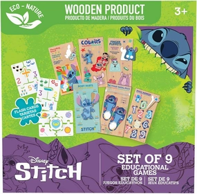 Disney: Stitch Educational Games - Set of 9 - Play Based Learning, Wooden Puzzles, Bilingual Flash Cards, Numbers-Colors-Shapes-More, Toy Kit, Kids 3 