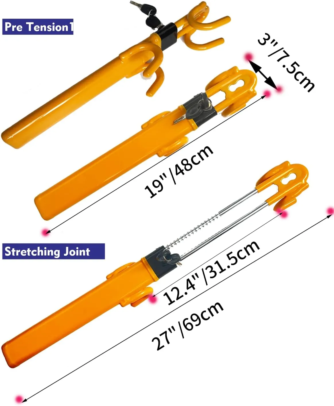 Dodomes Steering Wheel Lock Anti-Theft Heavy Duty Secure Car Device, Adjustable Length Clamp Double Hook Locks Universal Fit (Yellow)