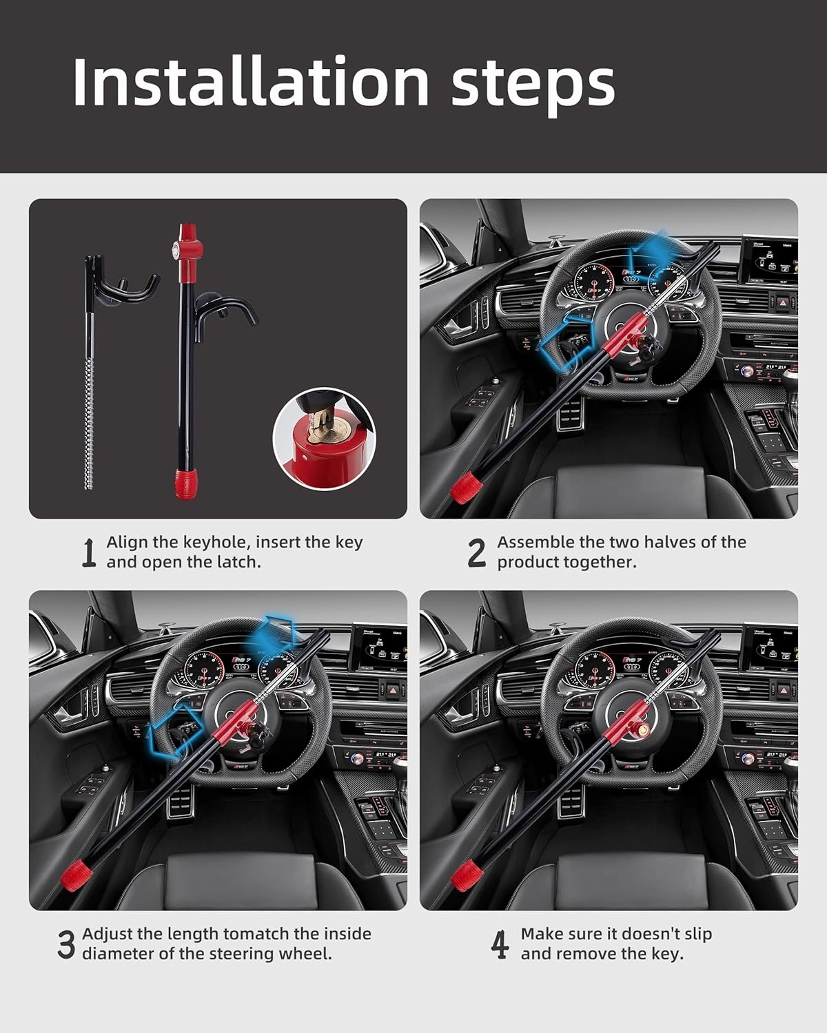 Dodomes Steering Wheel Lock Anti-Theft Heavy Duty Secure Car Device, Adjustable Length Clamp Double Hook Locks Universal Fit Black