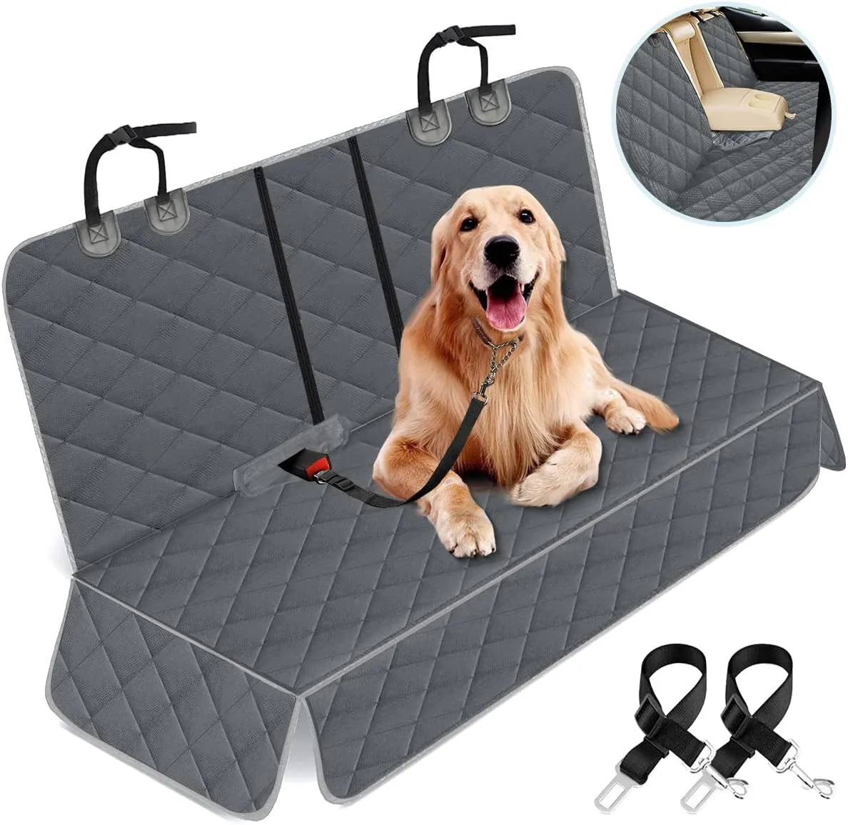 Dog Car Cover for Back Seat Pet Protector Waterproof Bench Car Seat Cover, Nonslip Rear Seat Cover fits Middle Armrest for Most Cars Trucks SUVs - Grey