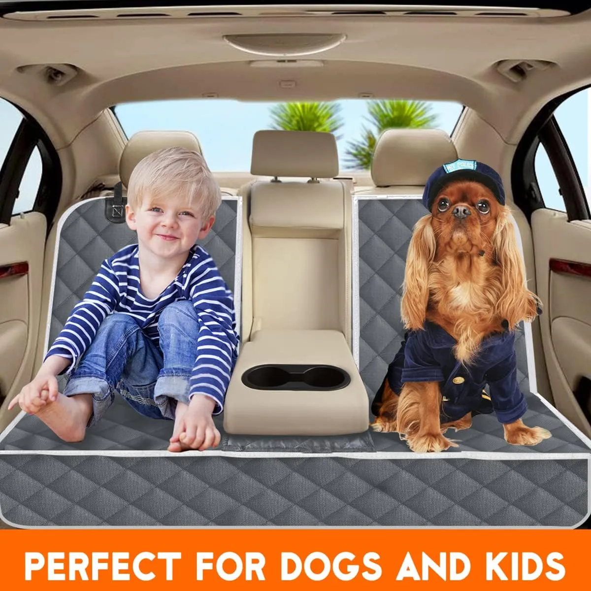 Dog Car Cover for Back Seat Pet Protector Waterproof Bench Car Seat Cover, Nonslip Rear Seat Cover fits Middle Armrest for Most Cars Trucks SUVs - Grey