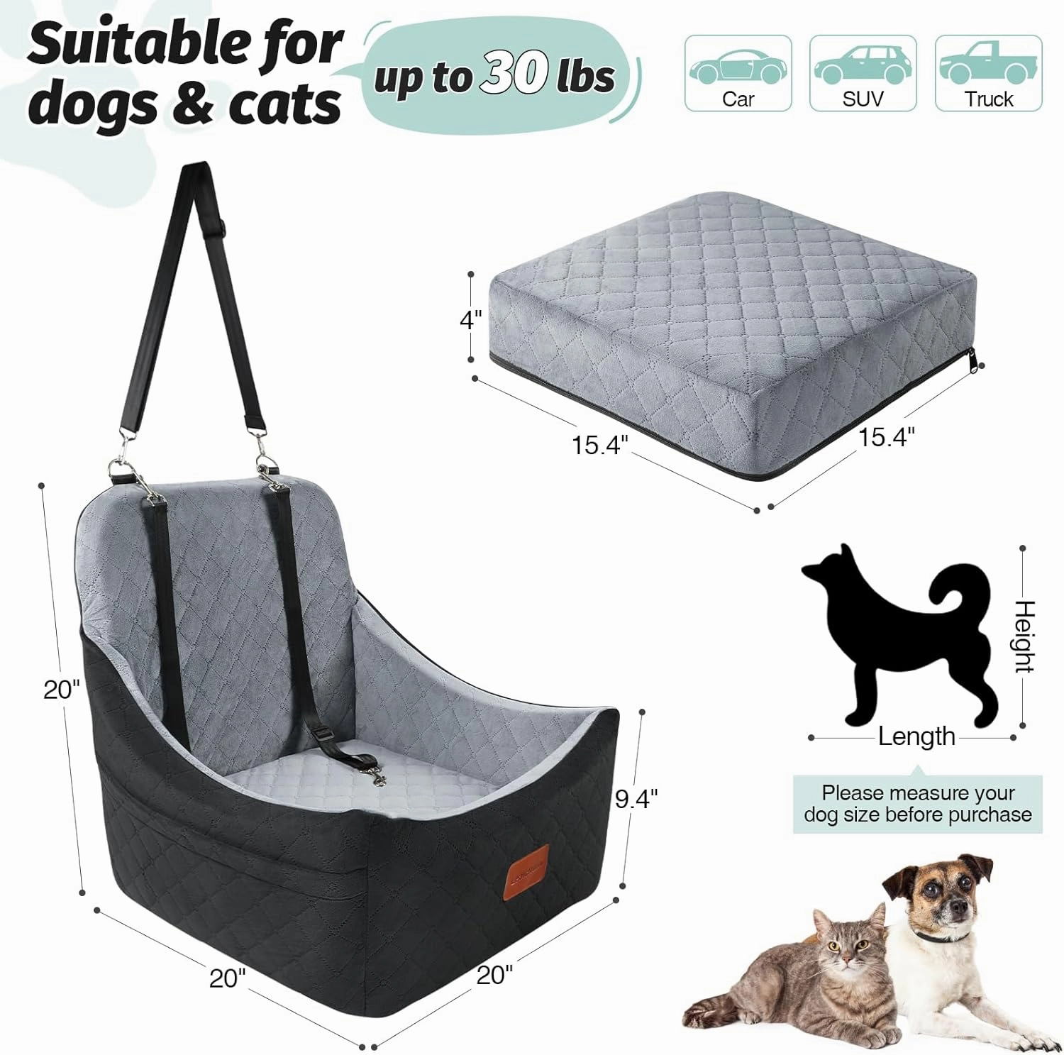 Dog Car Seat for Dogs Up to 35lbs,Car Dog Bed Easy to Install,Medium Dog Car Seat with Adjustable Straps and Anti Slip Bottom,Fully Detachable and Washable(Black/Grey,Medium)