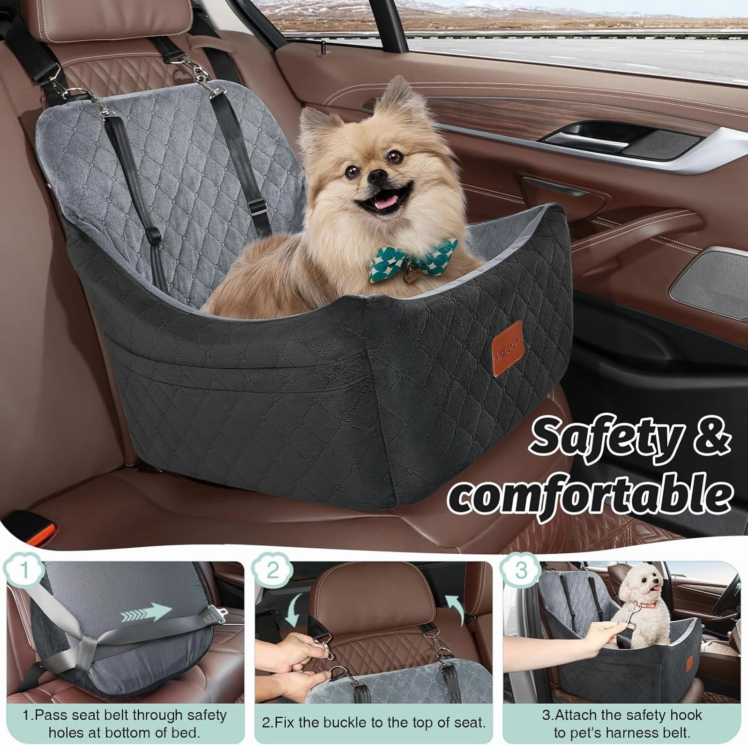 Dog Car Seat for Dogs Up to 35lbs,Car Dog Bed Easy to Install,Medium Dog Car Seat with Adjustable Straps and Anti Slip Bottom,Fully Detachable and Washable(Black/Grey,Medium)