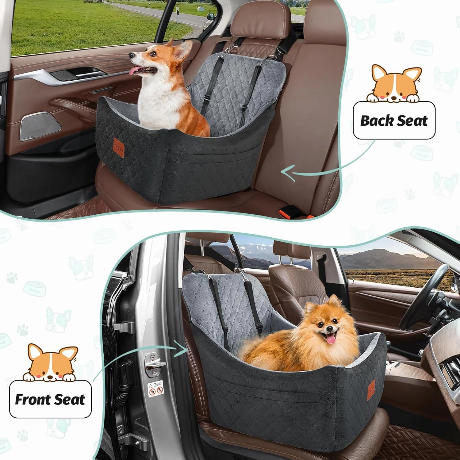 Dog Car Seat for Dogs Up to 35lbs,Car Dog Bed Easy to Install,Medium Dog Car Seat with Adjustable Straps and Anti Slip Bottom,Fully Detachable and Washable(Black/Grey,Medium)