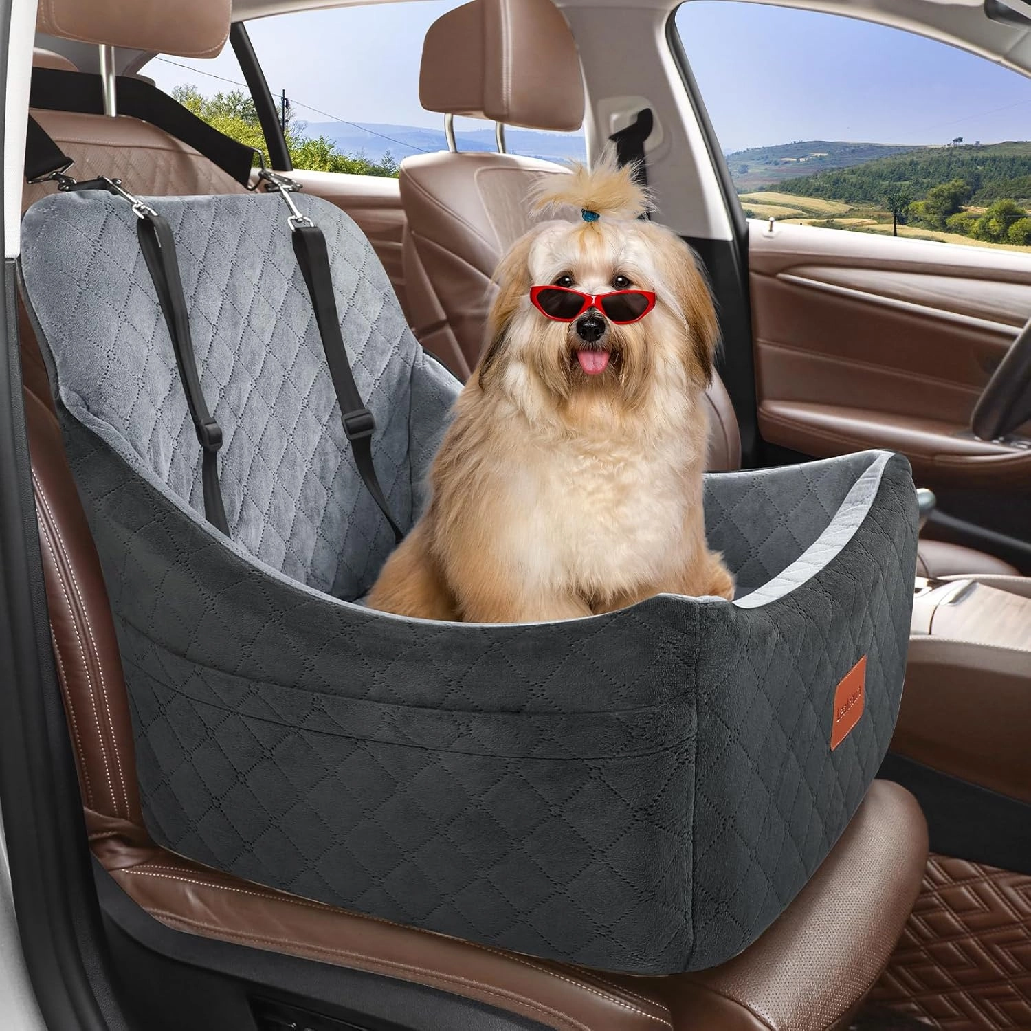 Dog Car Seat for Dogs Up to 35lbs,Car Dog Bed Easy to Install,Medium Dog Car Seat with Adjustable Straps and Anti Slip Bottom,Fully Detachable and Washable(Black/Grey,Medium)