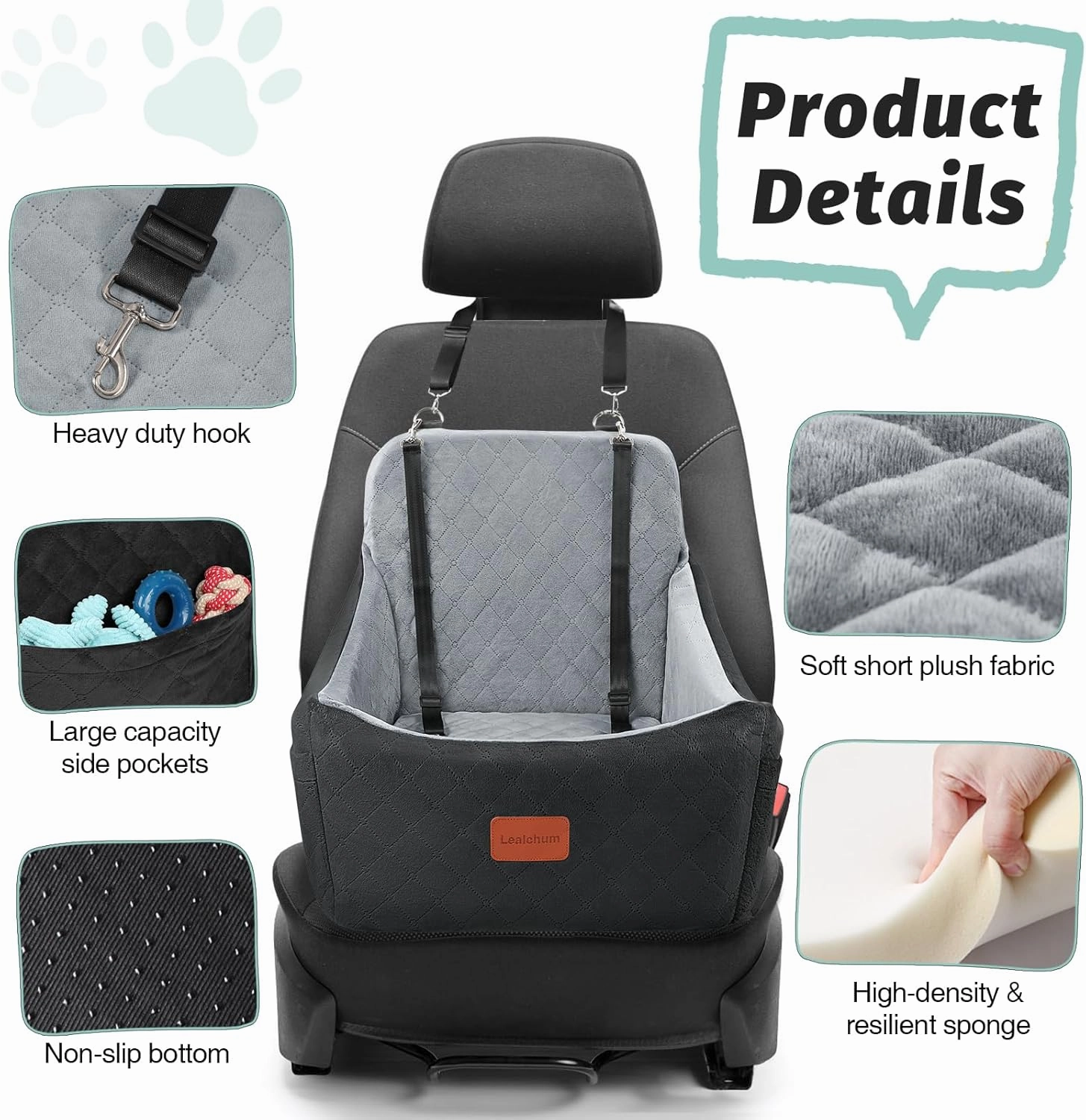 Dog Car Seat for Dogs Up to 35lbs,Car Dog Bed Easy to Install,Medium Dog Car Seat with Adjustable Straps and Anti Slip Bottom,Fully Detachable and Washable(Black/Grey,Medium)