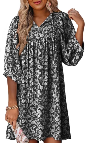 Dokotoo Womens Summer Dresses 2025 Boho Floral Drawstring V Neck Chiffon Lantern Sleeve Beach Vacation Mini Dress Sundress