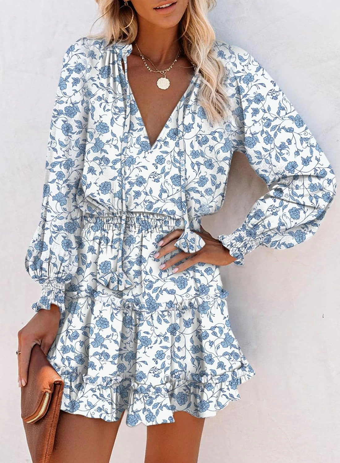 Dokotoo Summer Dresses for Women 2025 Boho Floral Drawstring V Neck Smocked Long Sleeve Ruffle Tiered Chiffon Mini Dress