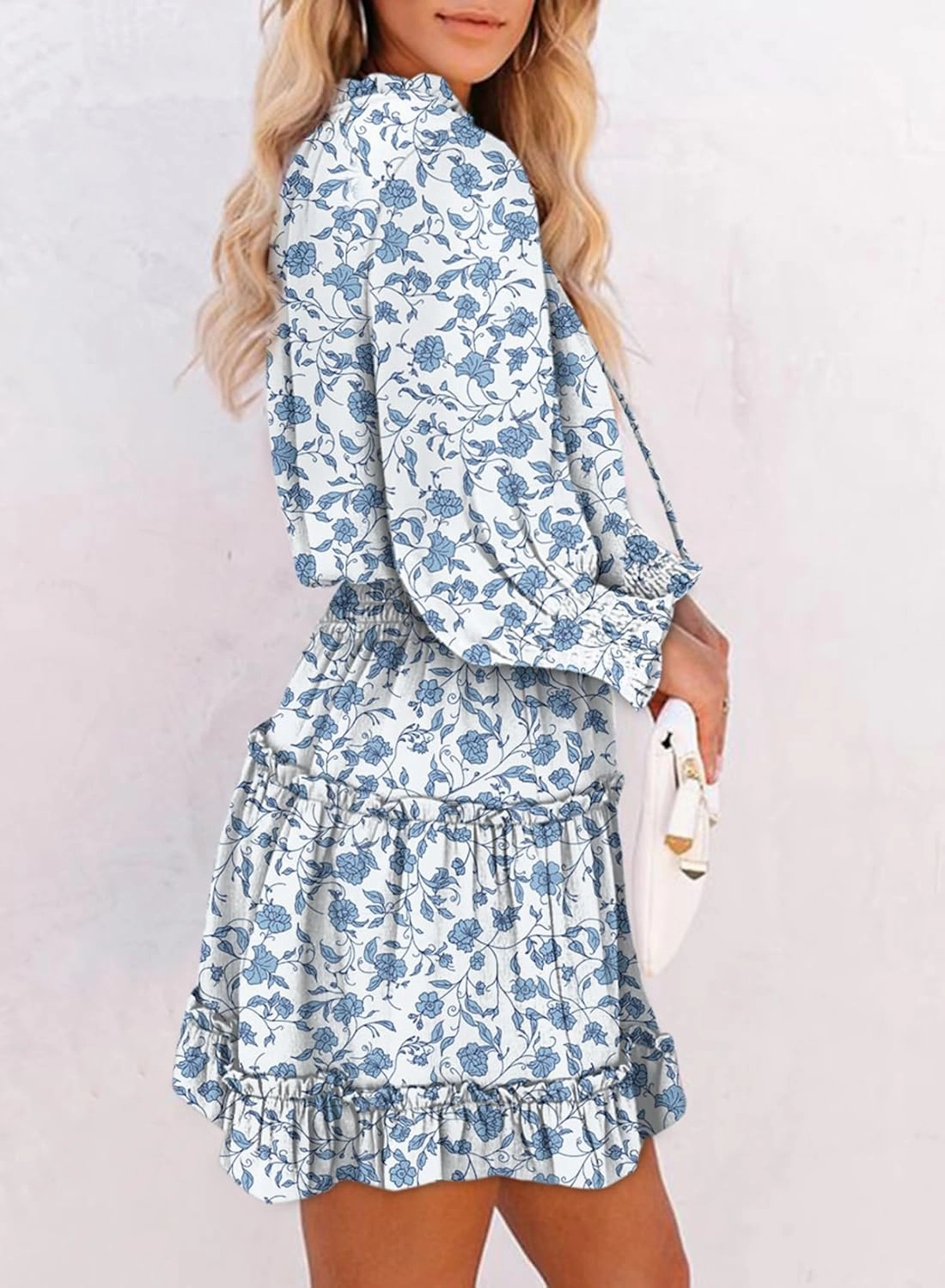 Dokotoo Summer Dresses for Women 2025 Boho Floral Drawstring V Neck Smocked Long Sleeve Ruffle Tiered Chiffon Mini Dress