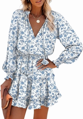 Dokotoo Summer Dresses for Women 2025 Boho Floral Drawstring V Neck Smocked Long Sleeve Ruffle Tiered Chiffon Mini Dress