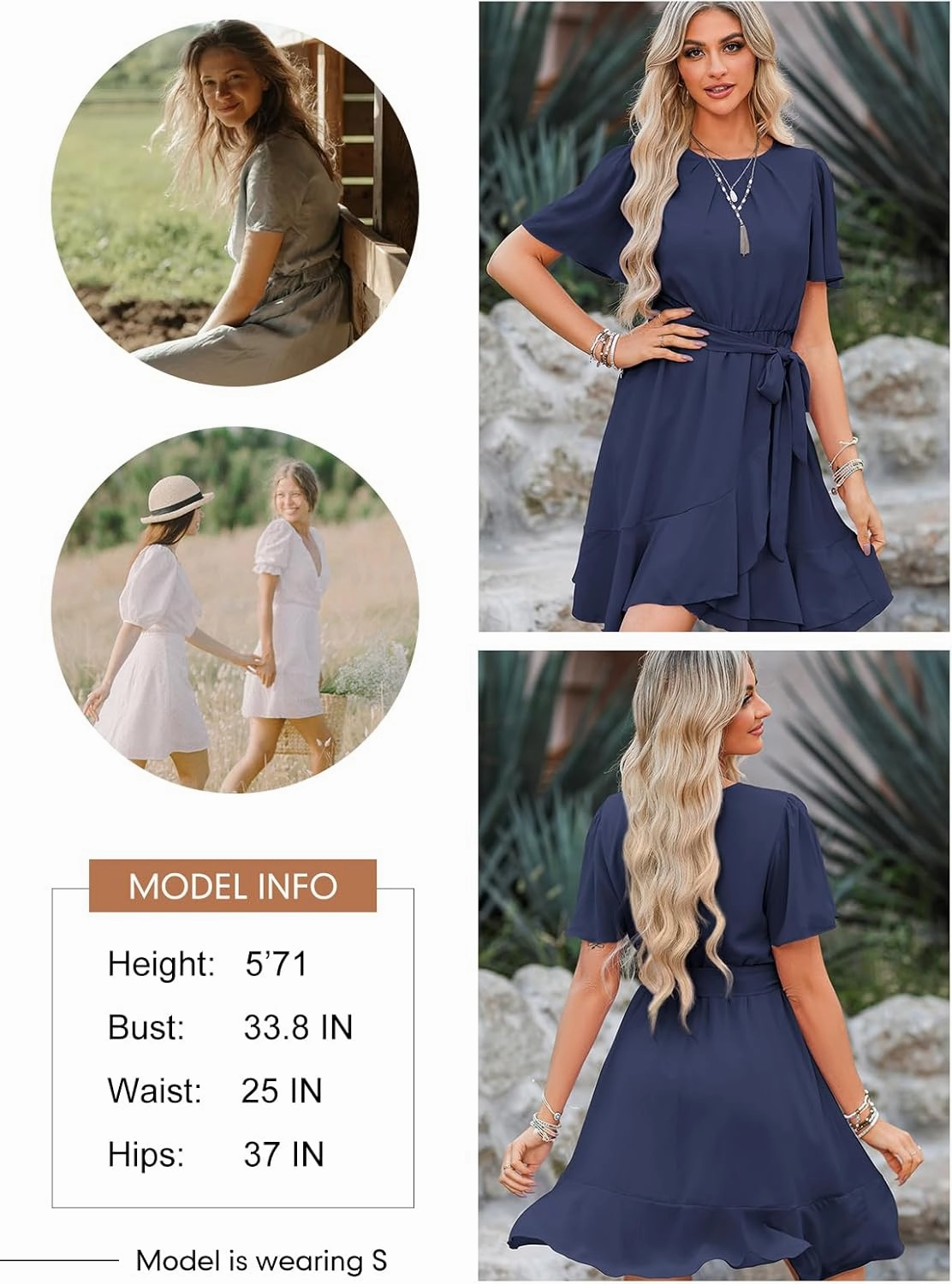 Dokotoo Womens Summer Dresses 2025 Crewneck Short Sleeve Waist Tie Ruffle Casual Chiffon A-Line Swing Mini Dress