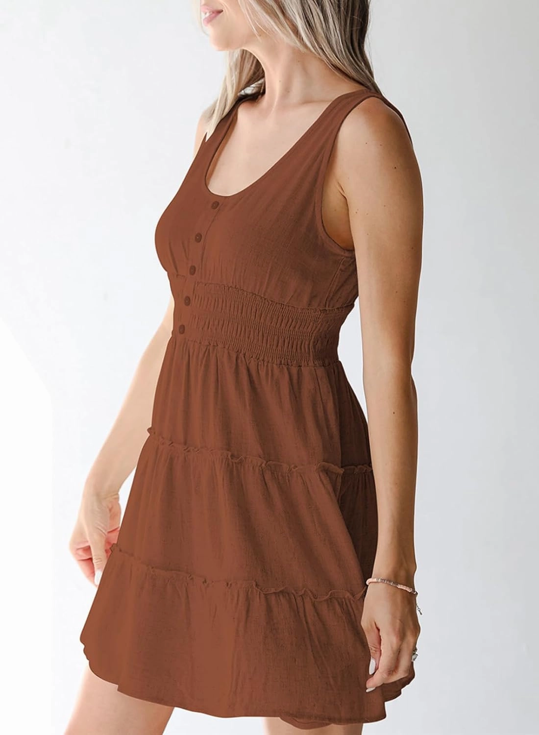 Dokotoo Womens Summer Dresses 2025 Sleeveless Button Down Smocked Empire Waist Ruffle Tiered Casual Swing Mini Dress