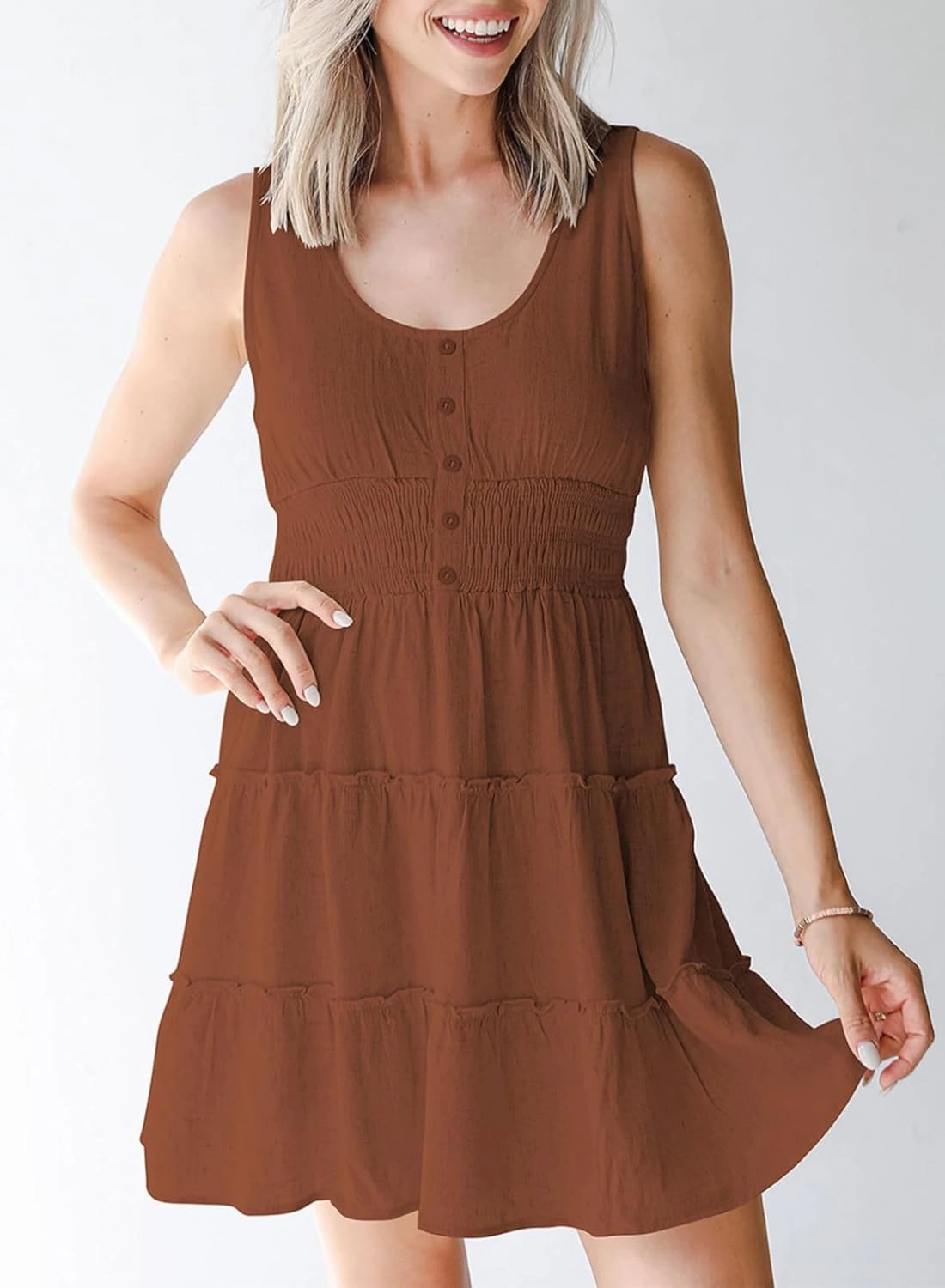 Dokotoo Womens Summer Dresses 2025 Sleeveless Button Down Smocked Empire Waist Ruffle Tiered Casual Swing Mini Dress