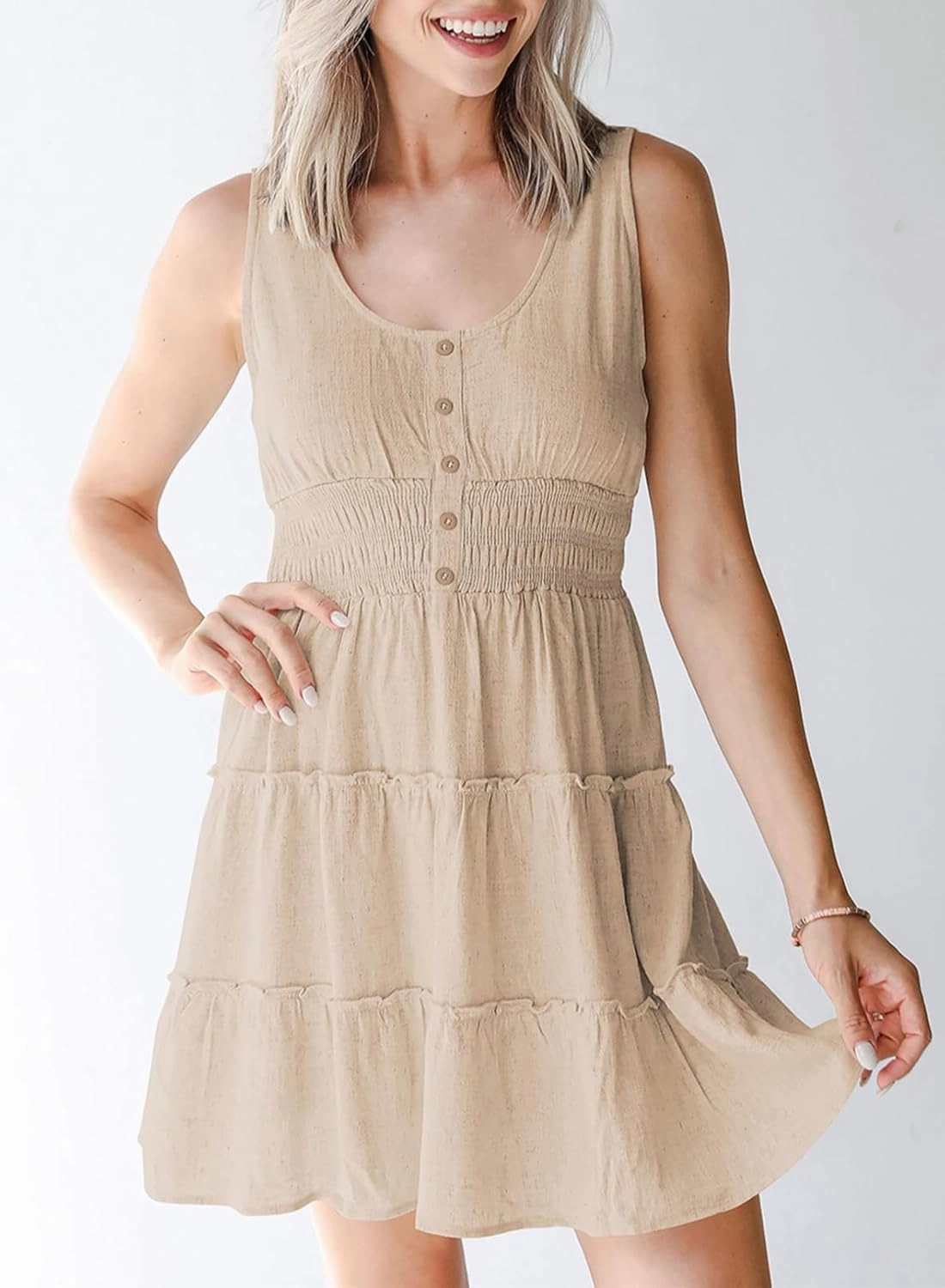 Dokotoo Womens Summer Dresses 2025 Sleeveless Button Down Smocked Empire Waist Ruffle Tiered Casual Swing Mini Dress