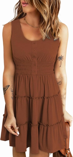 Dokotoo Womens Summer Dresses 2025 Sleeveless Button Down Smocked Empire Waist Ruffle Tiered Casual Swing Mini Dress