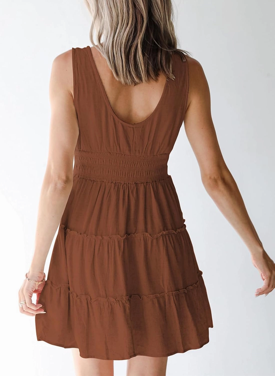 Dokotoo Womens Summer Dresses 2025 Sleeveless Button Down Smocked Empire Waist Ruffle Tiered Casual Swing Mini Dress