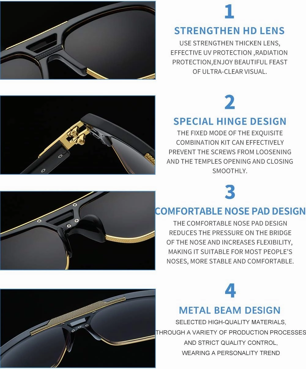 Dollger Square Sunglasses for Men Classic Oversized Sun Glasses Retro Semi Rimless Gold Alloy Frame UV400