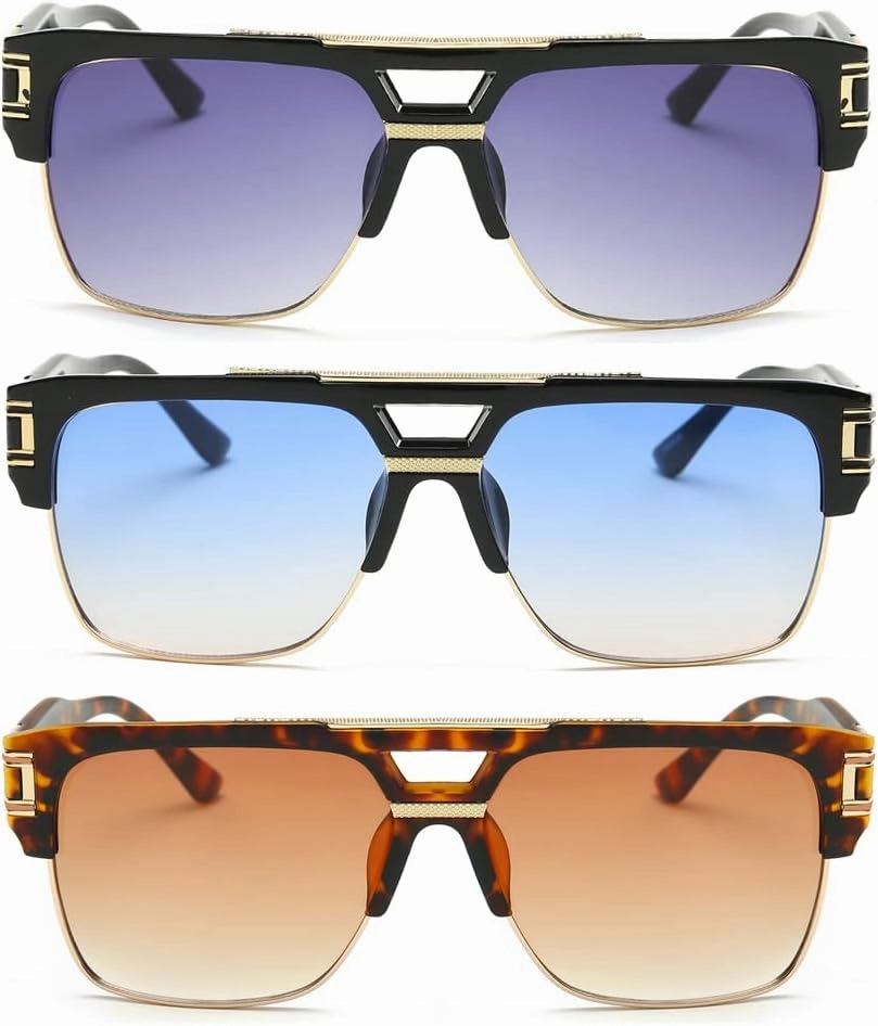 Dollger Square Sunglasses for Men Classic Oversized Sun Glasses Retro Semi Rimless Gold Alloy Frame UV400