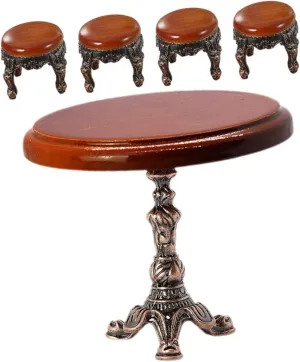 Dollhouse Mini Round Table Set Miniature Stool Mini Table Wood Alloy Stool Miniature Decor