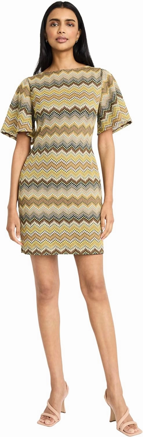Donna Morgan Women's Textured Flutter Sleeve Boat Neck Mini-Fitted Bodice V-Back Design-Special Occasion Cocktail Dress