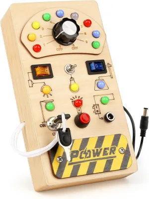 Dreamon Montessori Wooden Busy Board with 15 Led Lights - Baby Sensory Toys Light Switch Travel Toys for Ages 2-4 - Preschool Learning Activities Christmas & Birthday Gifts for Toddlers 18M 