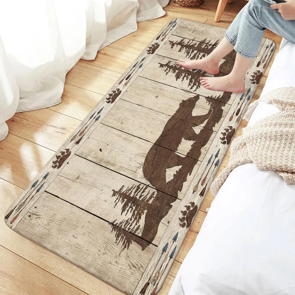 DYNH Rustic Bear Mountain Bath Mat for Bathroom, Wild Animals Rustic Cabin Forest Floor Rugs Mats Non Slip Bathroom Wooden Board Decor Accessories 17X48 Inches Kitchen Bedroom Indoor