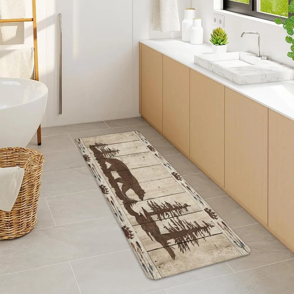 DYNH Rustic Bear Mountain Bath Mat for Bathroom, Wild Animals Rustic Cabin Forest Floor Rugs Mats Non Slip Bathroom Wooden Board Decor Accessories 17X48 Inches Kitchen Bedroom Indoor