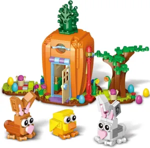 Easter Bunny Carrot House Building Set, 2 Rabbits, Chick, Colorful Easter Egg and Basket Toy, Building Blocks Kit Ornaments Gift for Boys Girls Adults