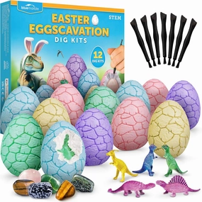 Easter Eggscavation Dig Kit - 12 Easter Egg Dig Bricks with Real Gemstones & Glow in The Dark Dinosaur Figures, Includes Dig Tools, Egg Hunt or Dig Party Activity, Easter Basket Stuffers