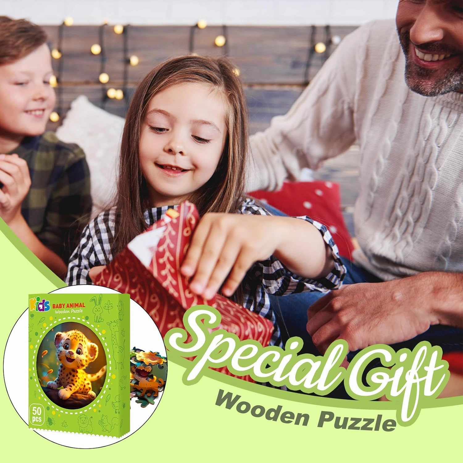 Easter Gifts for Kids Girls Boys, Easter Basket Stuffers, Wooden Jigsaw Puzzles for Kids Ages 4-6, 50 Piece Unique Shape Animal Theme Puzzle - Preschool Learning Educational Toys for Kid 3  (Leopard)